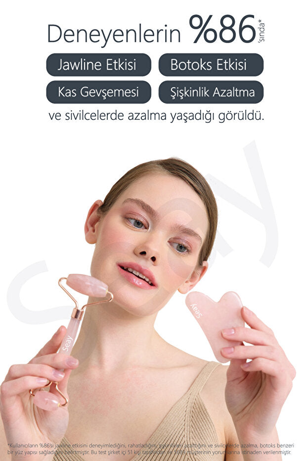 Pembe Kuvars  Roller Ve Pembe Kalp Gua Sha Yüz Masaj Aleti Seti Keseli Değerli Doğal Taş Sertifikalı