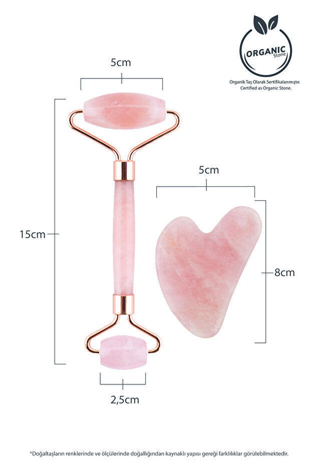 Pembe Kuvars  Roller Ve Pembe Kalp Gua Sha Yüz Masaj Aleti Seti Keseli Değerli Doğal Taş Sertifikalı